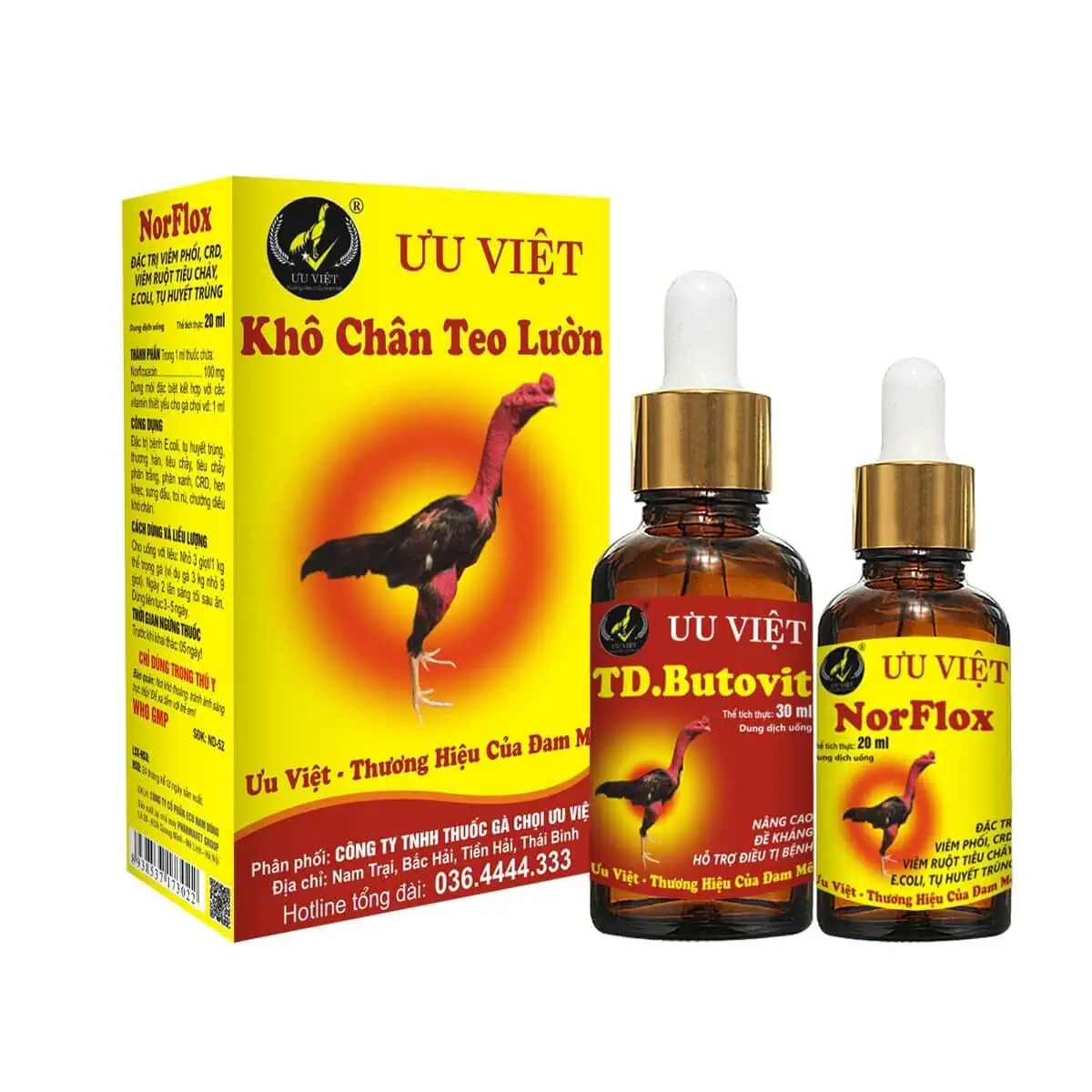 Thuốc gà chọi Ưu Việt hỗ trợ điều trị viêm đường ruột, CRD, E.coli, tốt huyết trùng, tăng sức đề kháng, giúp gà chiến khỏe mạnh, nhanh lớn rõ rệt.