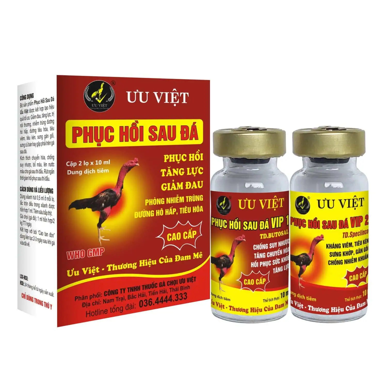 Thuốc gà chọi Ưu Việt, bồi bổ sức khỏe, phục hồi sau đá, tăng lực, giảm đau, chống nhiễm trùng, giảm stress, hỗ trợ tiêu hóa, sản phẩm cao cấp dành cho gà chọi.