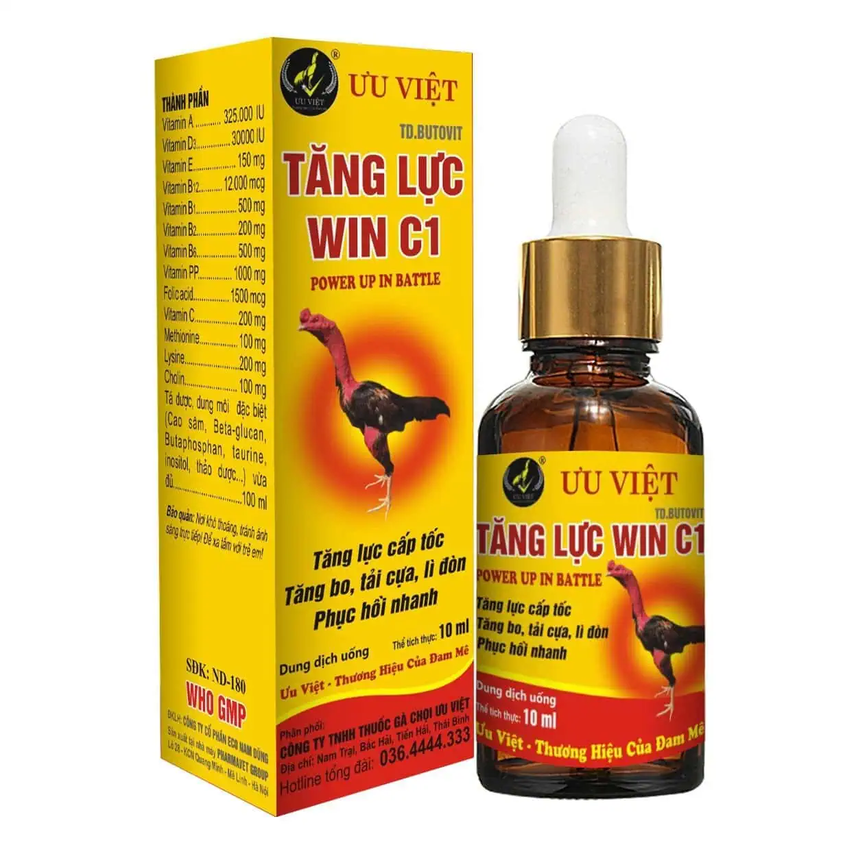 Thuốc gà chọi ưu Việt Tăng lực Win C1 tăng sức chiến đấu, phục hồi nhanh, giúp gà chọi khỏe mạnh, bật lực nhanh, thích hợp cho thi đấu và huấn luyện gà chọi.
